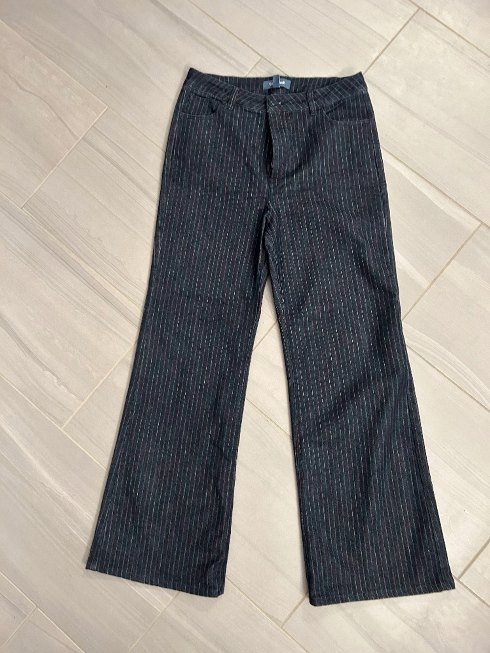 Modcloth rainbow pinstripe dark-wash wide-leg denim jeans, size 12